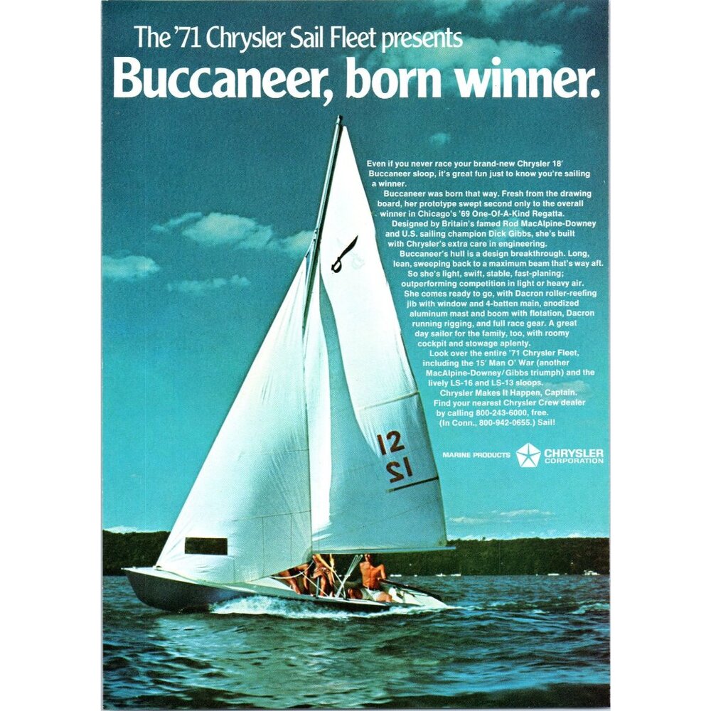 1971 Chrysler Buccaneer 18 Sloop Sailboat Vintage Print Ad Lake Nautical 70s Art